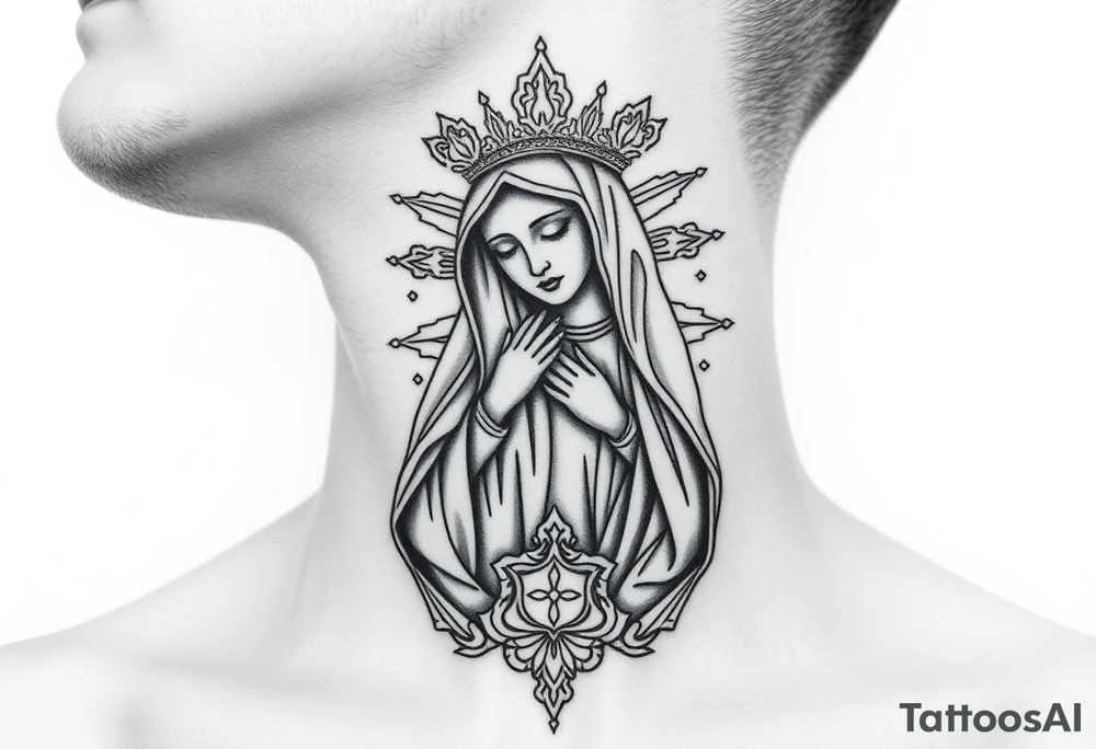 russian christian virgin mary neck design front facing tattoo idea