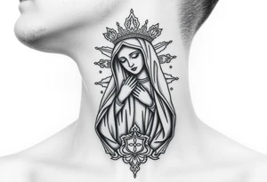 russian christian virgin mary neck design front facing tattoo idea