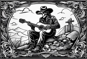 A skeleton with a cowboy hat on playing the guitar while sitting on a gravestone engraved with the words "Still Kickin'" and a pair of cowboy boots tattoo idea