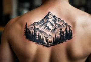 mountain scene with evergreen trees and foreground bull elk at base tattoo idea