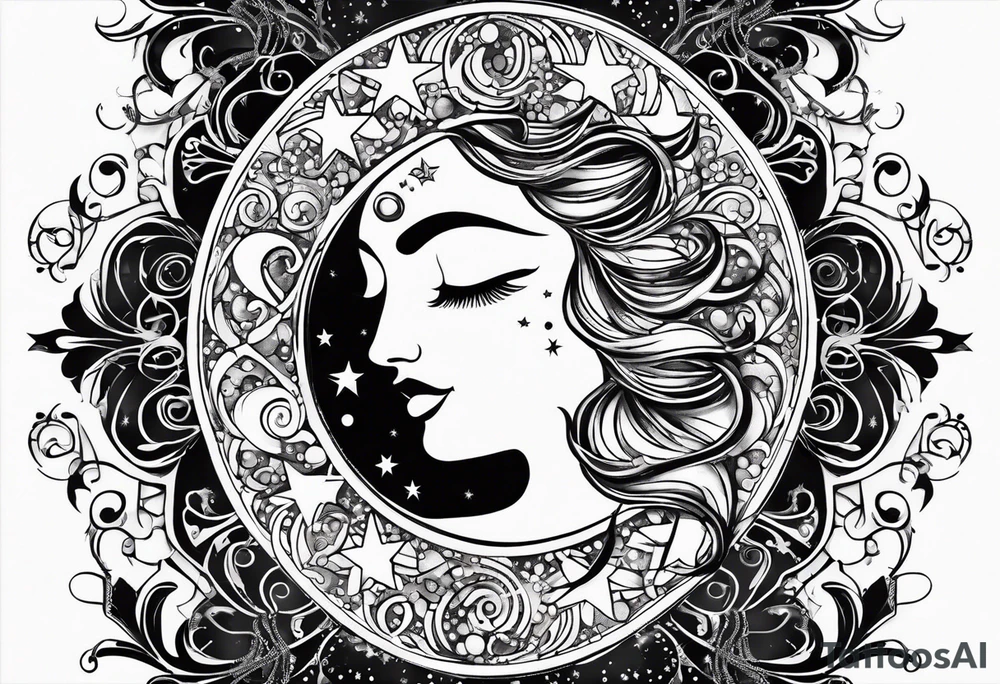 Feminine Sun and moon. long rectangular sternum swirls with dots and stars tattoo idea