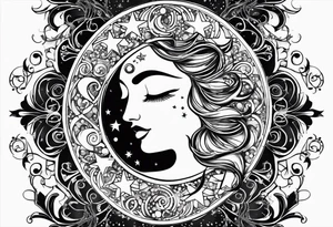 Feminine Sun and moon. long rectangular sternum swirls with dots and stars tattoo idea