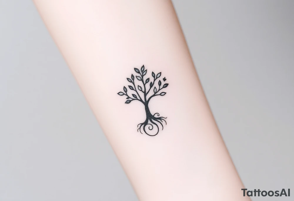 A tree with few leaves, with an outward  spiral as its roots, encircling the tree tattoo idea
