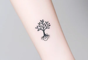 A tree with few leaves, with an outward  spiral as its roots, encircling the tree tattoo idea