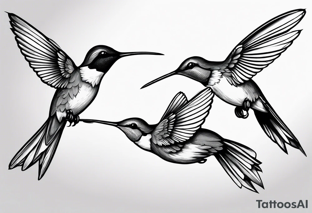 three hummingbirds. One bird is facing left, another is facing right, and the third is flying upward. only hummingbirds. tattoo idea