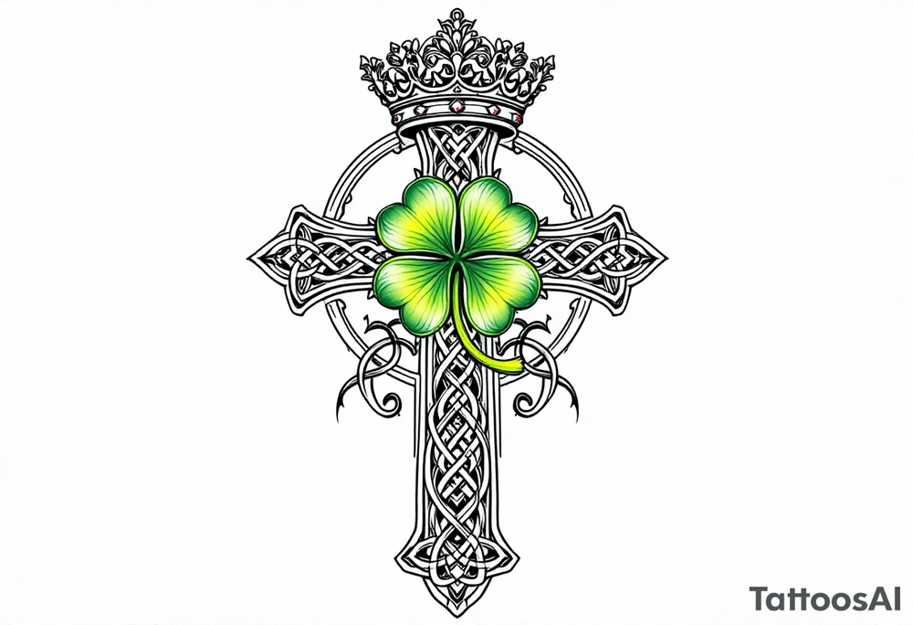 Celtic cross tattoo featuring intricate knotwork patterns along the arms and base of the cross. At the heart of the cross, place a vibrant four-leaf clover, its leaves shaded with subtle gradients of green, symbolizing luck and unity. Above the cross, incorporate a regal crown adorned with ornate details, such as small gemstones or filigree, to signify authority and strength. Behind the cross include a lot of filigree and celtic knots giving a tree of life vibe tattoo idea