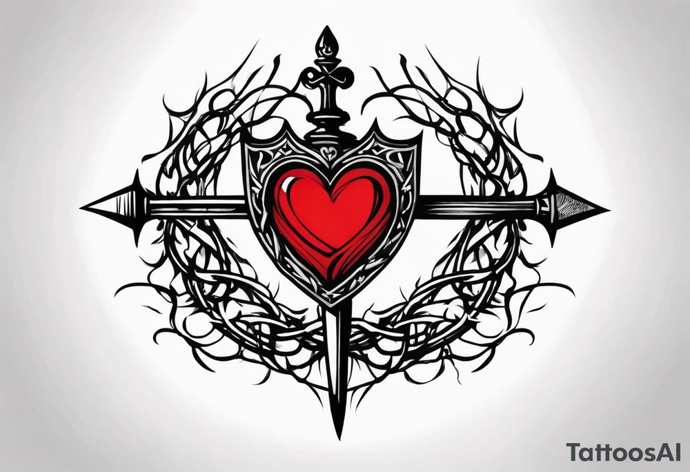 A simple design of a crown of thorns resting on the guard of a sword that is piercing a heart tattoo idea