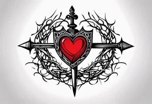 A simple design of a crown of thorns resting on the guard of a sword that is piercing a heart tattoo idea