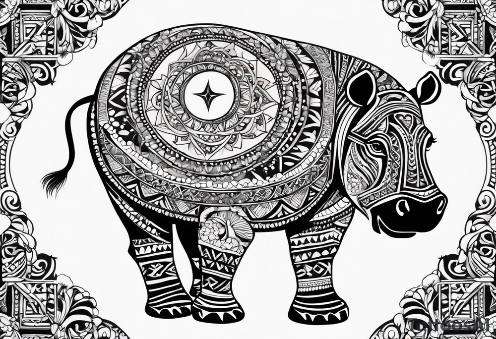A foot long 2.5inches wide portrait orientation tattoo, containing a detailed hippo headwith tribal patterns in the middle, a full moon on the upper side, and some wintersweet flowwer on the bottom side, these three components are connected with arches, lines, little geometric patterns, the lines will ne fine and narrow tattoo idea
