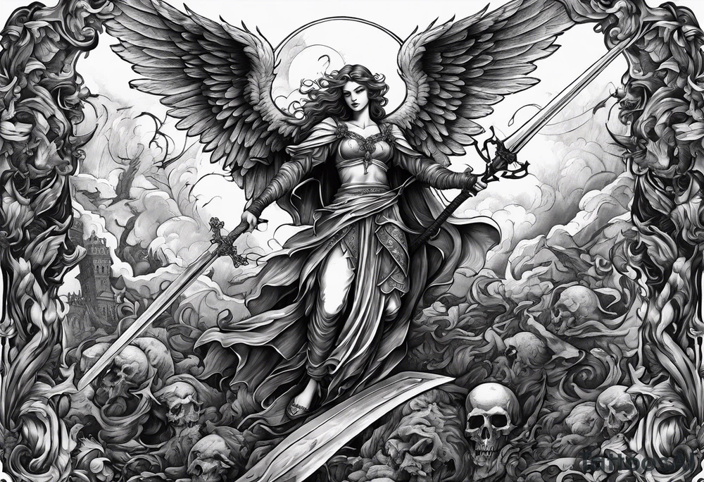 Angel with long sword on a pile of dead demons in etchwork style tattoo idea