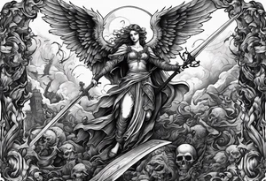 Angel with long sword on a pile of dead demons in etchwork style tattoo idea