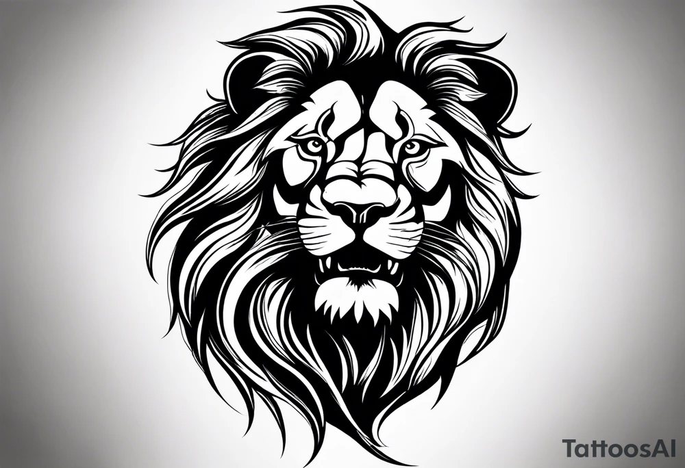 A roaring lion’s face with a flowing mane, emphasizing strength and courage, detailed fur textures tattoo idea