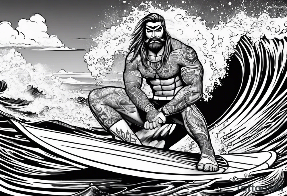 beachbum superhero on a surfboard with tiki guys tattoo idea