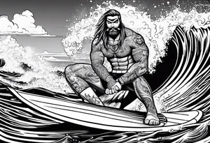 beachbum superhero on a surfboard with tiki guys tattoo idea