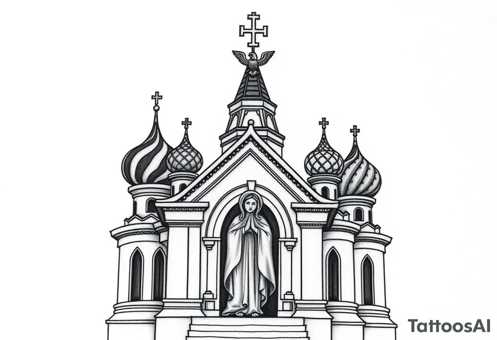 Flowing Scene

A onion domes orthodox church
Virgin Mary in prayer pose on the front doors of the russian orthodox church 
A small double headed russian coat of arms eagle or just the star tucked above the dome near the hairline tattoo idea