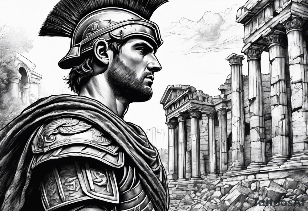 Roman soldier looking left at ruins tattoo idea