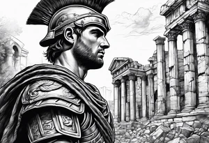 Roman soldier looking left at ruins tattoo idea