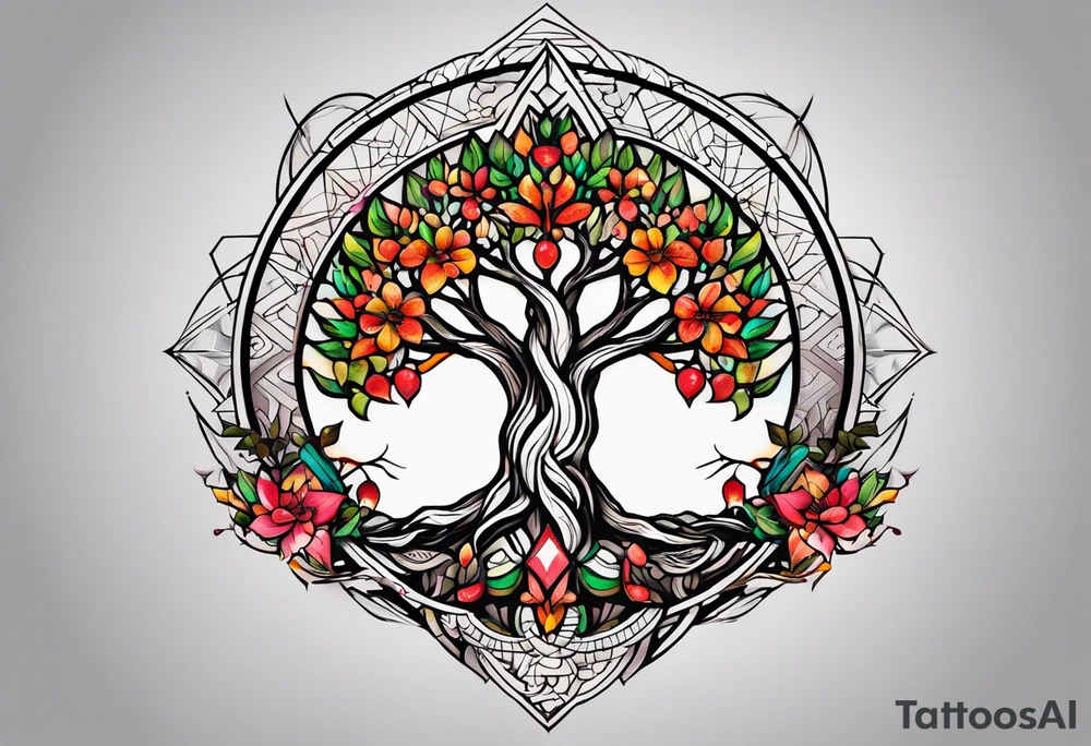 Tattoo dans le dos, yggdrasil et quelques éléments en plus, 5 ou 6 feuilles de cerisier en couleur, le logo de tommorowland vers les racines, une forme géométrique à l'arrière plan du tatouage tattoo idea