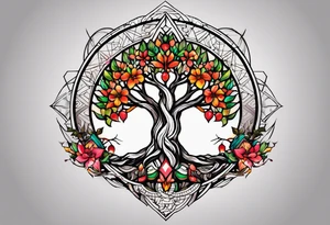 Tattoo dans le dos, yggdrasil et quelques éléments en plus, 5 ou 6 feuilles de cerisier en couleur, le logo de tommorowland vers les racines, une forme géométrique à l'arrière plan du tatouage tattoo idea