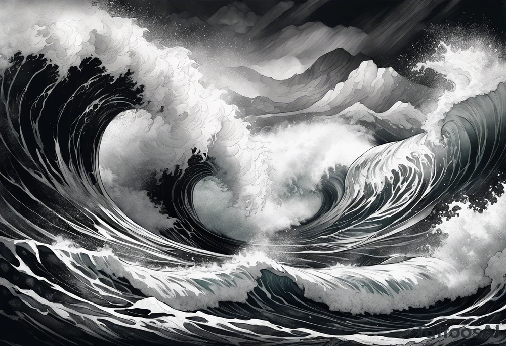 stormy sea waves, full-length woman in the middle of the storm tattoo idea