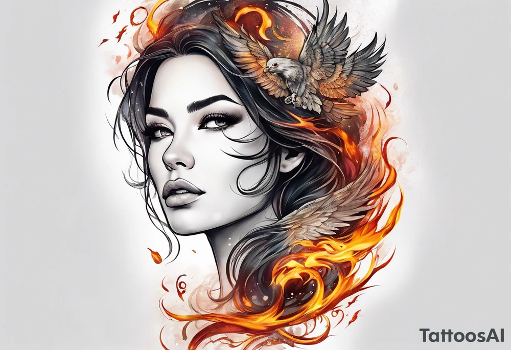 Resurrection strength and courage Beautiful Woman walking through fire and chaos to inner peace and self-love  ethereal tattoo idea
