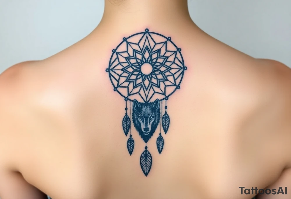 Dreamcatcher with zodiac symbols and protection runes caught in it with wolf teal tattoo idea