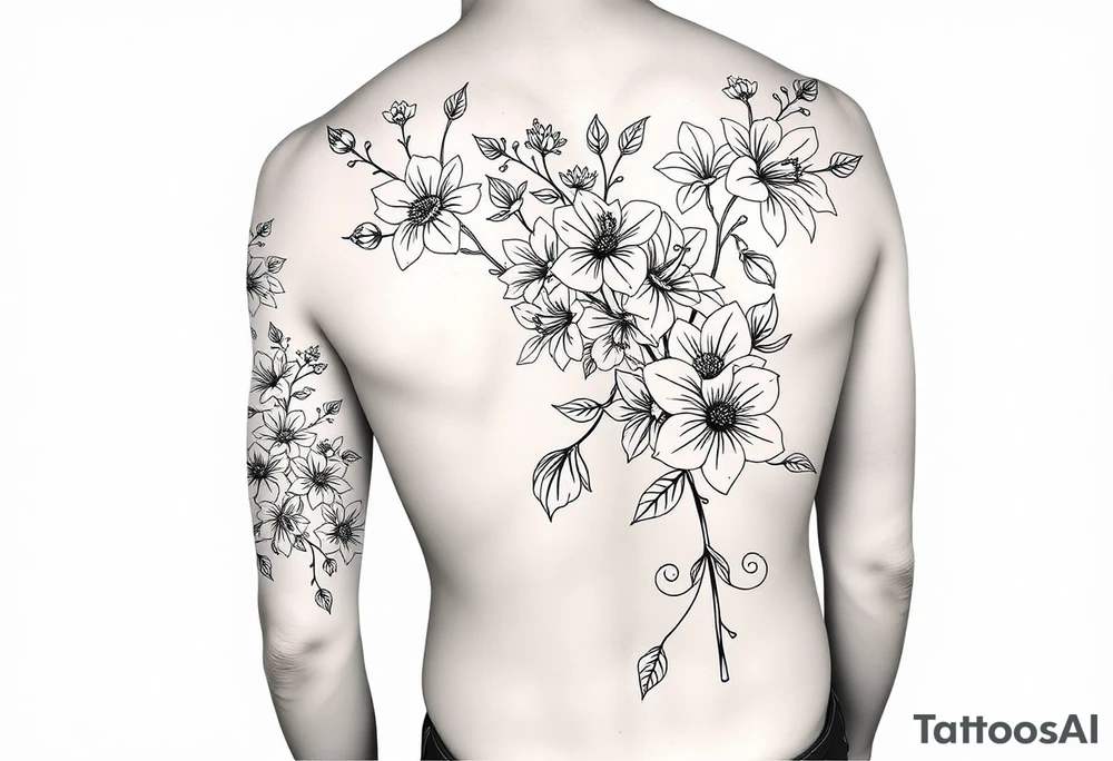 Full sleeve tattoo design of larkspur and hawthorn flowers, highly detailed line art, black ink, elegant botanical style, intertwined composition, no shading, no human mock-up, clean stencil style suitable for tattooing, fit fully within boundaries. LINE ART ONLY, REMOVE HUMAN, NO SKIN tattoo idea