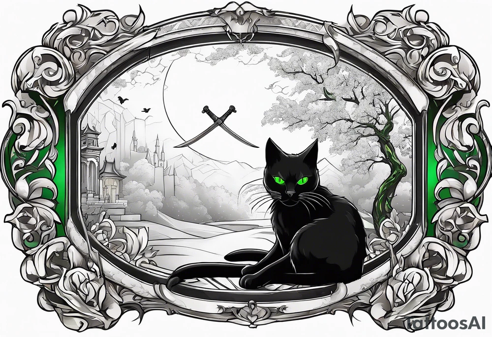 Black cat with green eyes hissing with its tail wrapped around a sword tattoo idea
