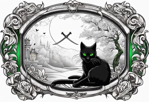 Black cat with green eyes hissing with its tail wrapped around a sword tattoo idea