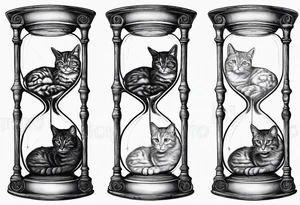 Brain in sagittal section and coguar cat face inside hourglass. Brain in lower level, coguar in an upper level tattoo idea