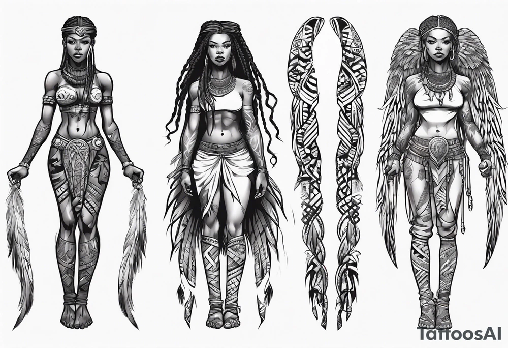 African female Viking  angel full body 
slim long face small mouth long braided hair tattoo idea