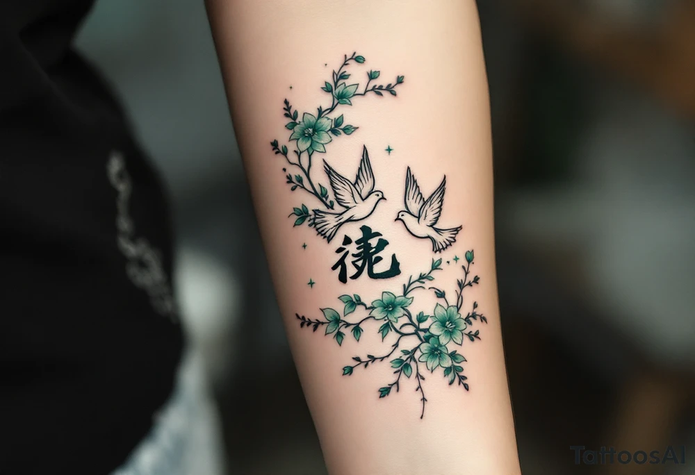 平安 (píng’ān, “peace”) in jade green is often shown with doves or waves for a tranquil life journey. tattoo idea