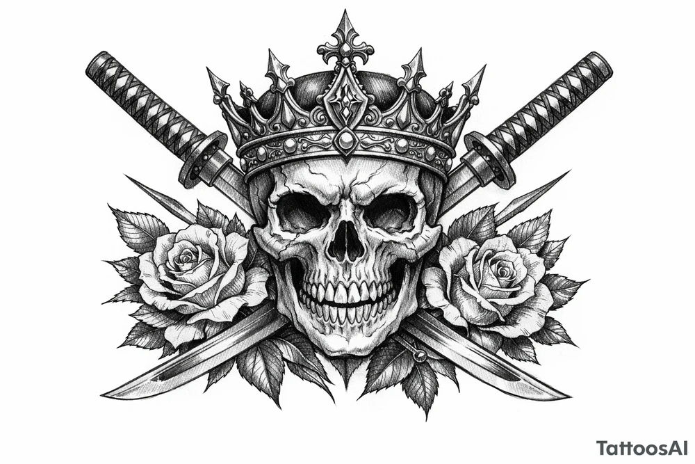 Skull with ornate crown, crossed katanas, and blooming roses, neo-traditional. tattoo idea