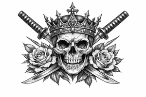 Skull with ornate crown, crossed katanas, and blooming roses, neo-traditional. tattoo idea