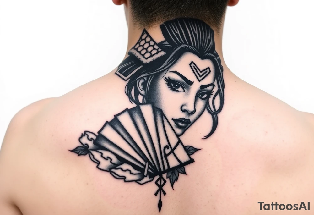 Samurai beauty  girl half face and half
 with a fan across her face tattoo idea