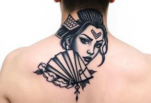Samurai beauty  girl half face and half
 with a fan across her face tattoo idea
