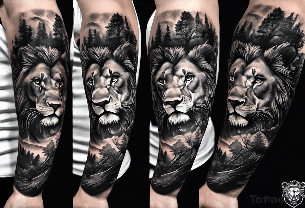 black and gray forearm sleeve tattoo where a lion is entering a forest and turning his head back tattoo idea