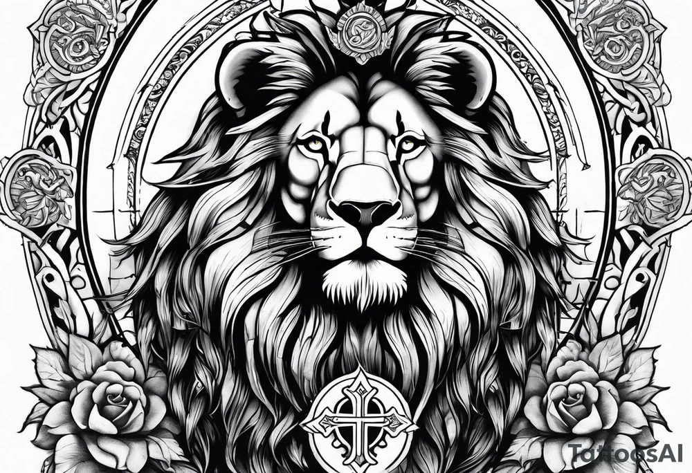 Full sleeve with Lion, cross, praying hands, Scarlett, Faith, angels gods tattoo idea