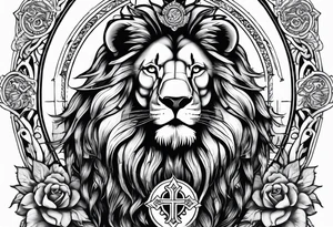 Full sleeve with Lion, cross, praying hands, Scarlett, Faith, angels gods tattoo idea