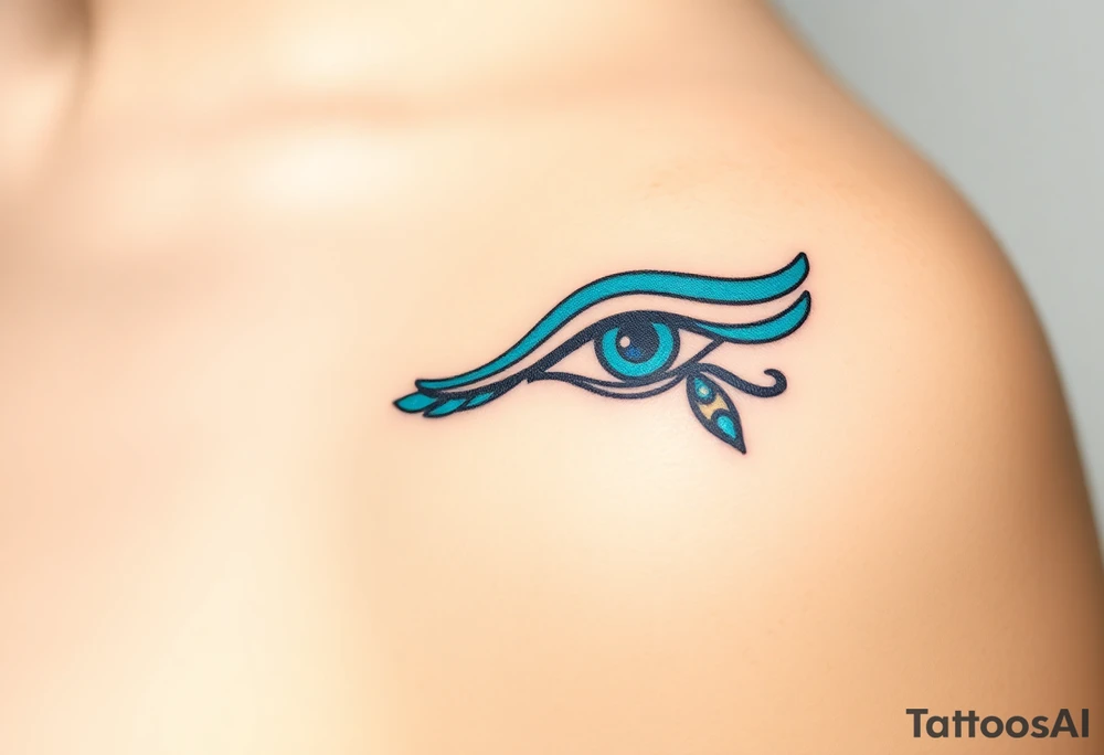 A traditional Egyptian-style Eye of Horus, adorned with turquoise and lapis lazuli details, reflecting the sacred colors of Egypt tattoo idea