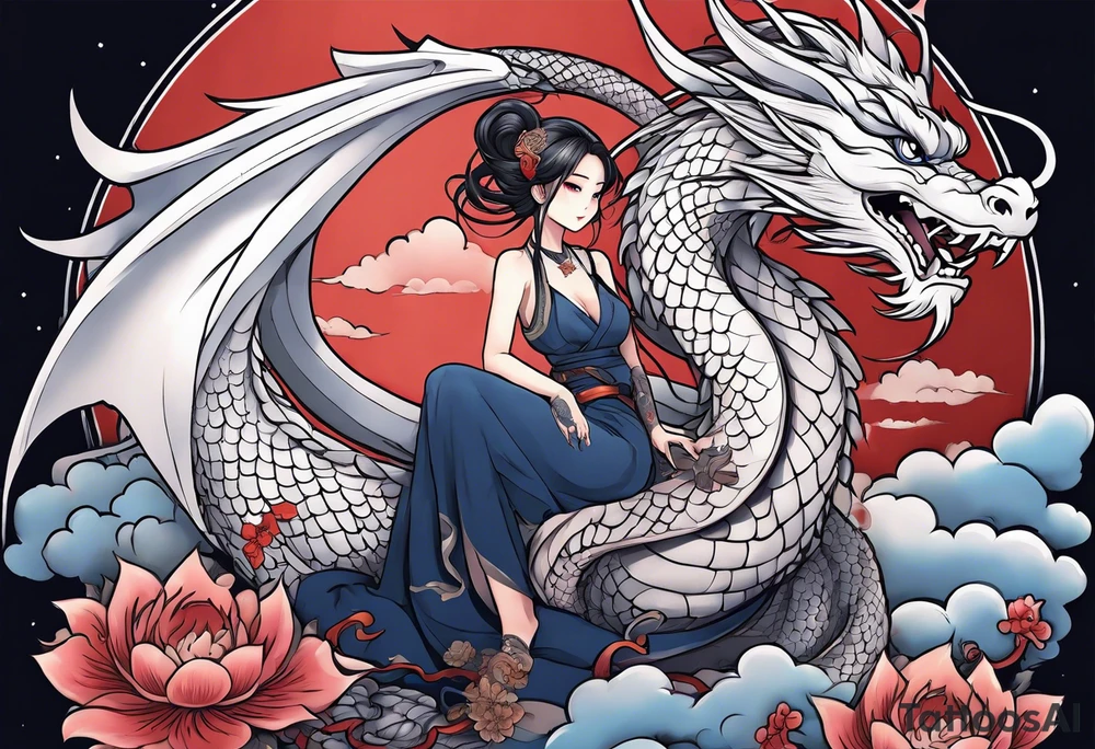 american traditional style, an anime girl sitting on a asian dragon surrounded by cloud tattoo idea
