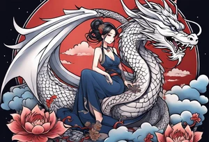american traditional style, an anime girl sitting on a asian dragon surrounded by cloud tattoo idea
