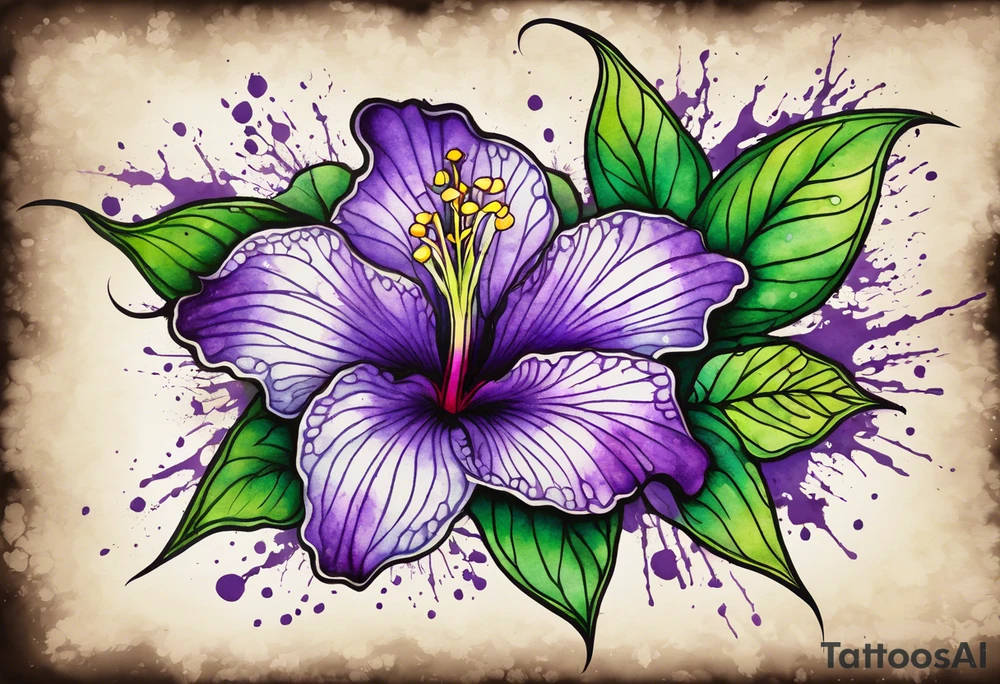 A mystical outline of a dipladenia flower and a green/purple watercolor splatter in the background to make the flower mainly green with purple highlights tattoo idea