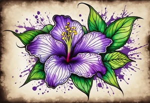 A mystical outline of a dipladenia flower and a green/purple watercolor splatter in the background to make the flower mainly green with purple highlights tattoo idea