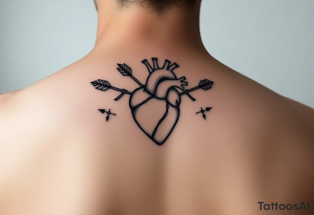 anatomical heart pierced by ornate arrow with flowing ribbons tattoo idea