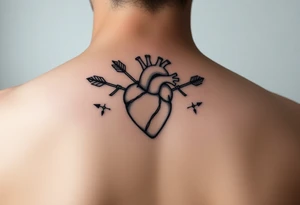 anatomical heart pierced by ornate arrow with flowing ribbons tattoo idea
