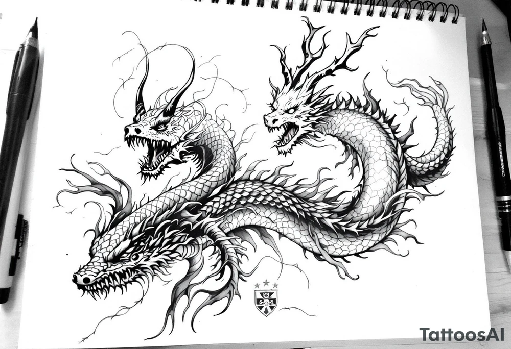 “Create a highly detailed, realistic black-ink tattoo design in a realistic–illustrative style with organic, flowing lines and no text. The unified composition should seamlessly blend these elements:
	•	A realistic Māori taniwha with textured scales, defined eyes, and a serpentine form.
	•	A realistic Loch Ness monster with subtle shading and natural textures, featuring subtle tartan in the background or on its skin, and a dragon-like, scaly appearance.
	•	A realistic Irish púca with lifelike, shape-shifting features.
	•	A subtle, realistic demon with soft shading and two distinct horns.
	•	A ‘strong arm’ logo depicting a realistic arm holding a patu, with the number ‘1235’ subtly integrated.
	•	A stylized, text-free crest symbol representing Hamilton Boys’ High School.
	•	A separate, clearly defined three-star arrangement representing the Speights logo.

The overall design should flow naturally, suitable for an upper back piece, full right sleeve, or right upper leg tattoo, with all elements interconnected in black ink.” tattoo idea