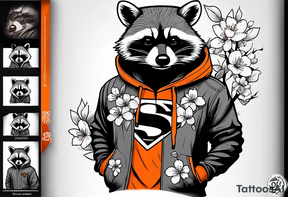 raccoon wearing a black and white Superman hoodie and orange Japanese cherry blossoms tattoo idea
