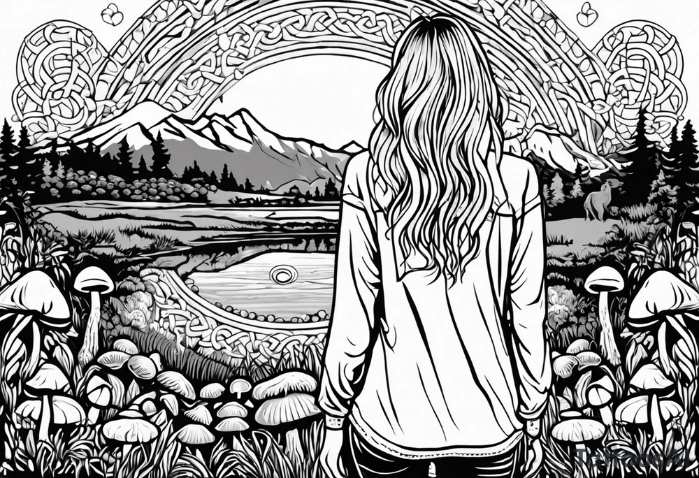 Whole picture encircled fully

Straight long blonde hair hippie girl in distance holding mushrooms in hand facing away toward mountains and creek surrounded by mushrooms long sleeve shirt and hiking pants; whole rendering within a full celtic circle, no cut off circle tattoo idea