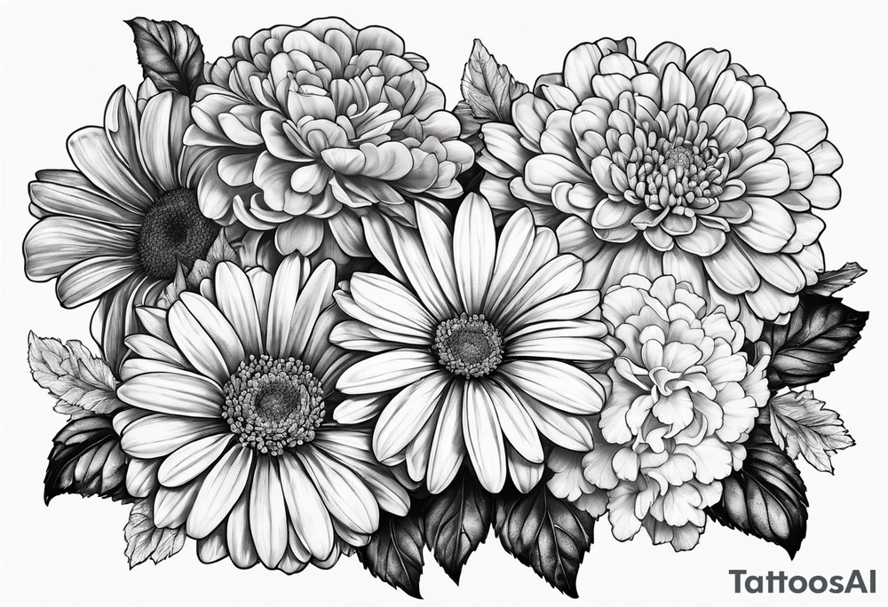 Gerber daisies, marigolds, hydrangeas, begonia tattoo idea